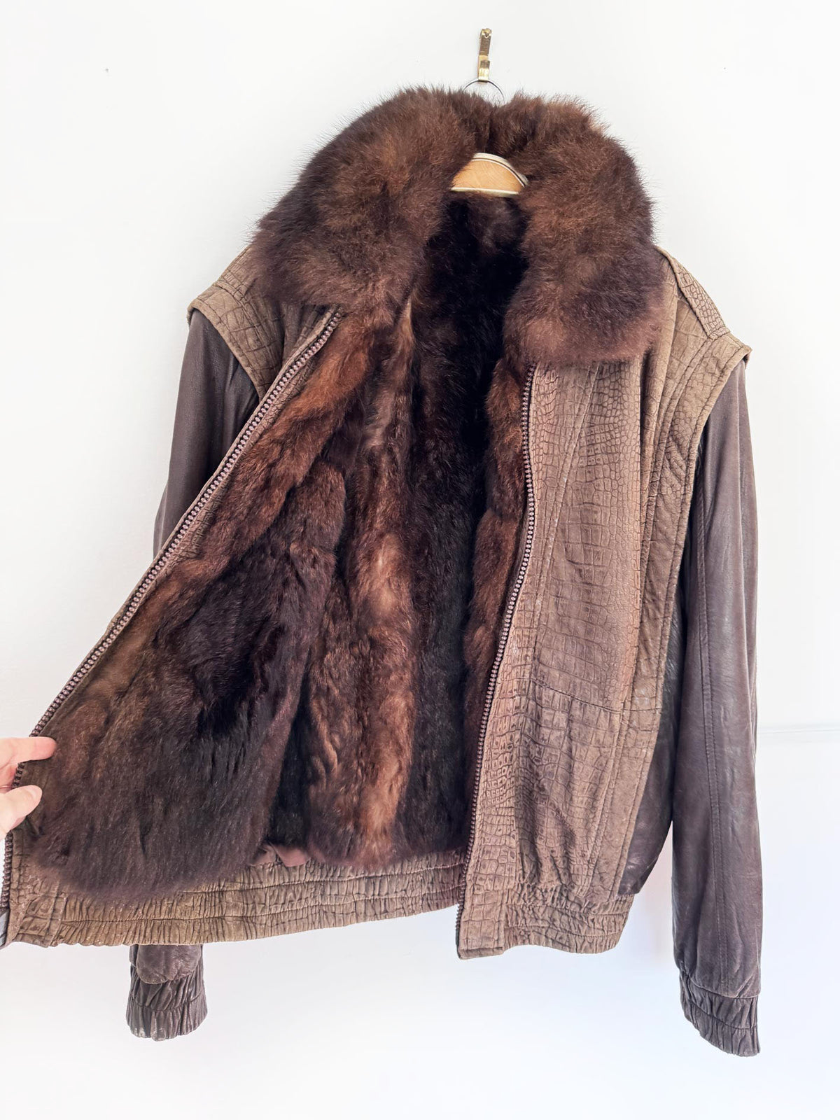 vintage 90s alan michaels opossum fur + lamb leather bomber jacket | removable lining
