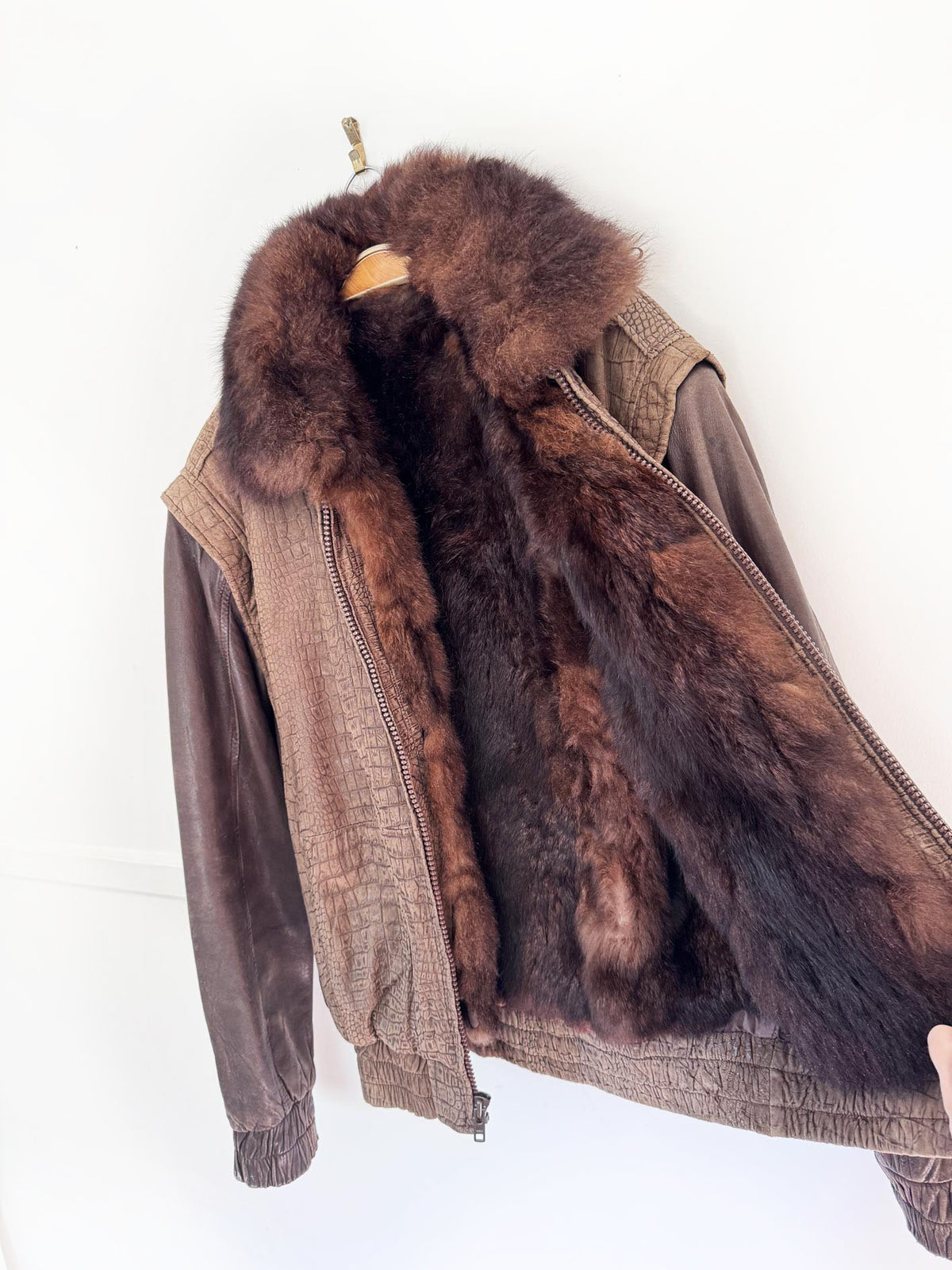 vintage 90s alan michaels opossum fur + lamb leather bomber jacket | removable lining