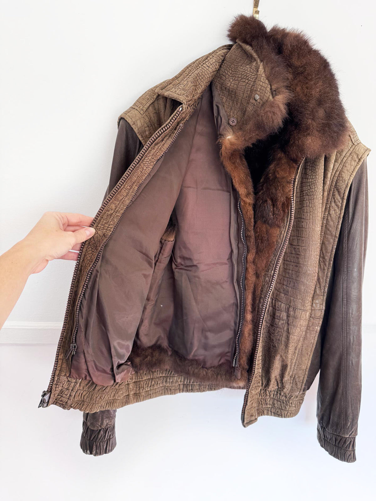 vintage 90s alan michaels opossum fur + lamb leather bomber jacket | removable lining