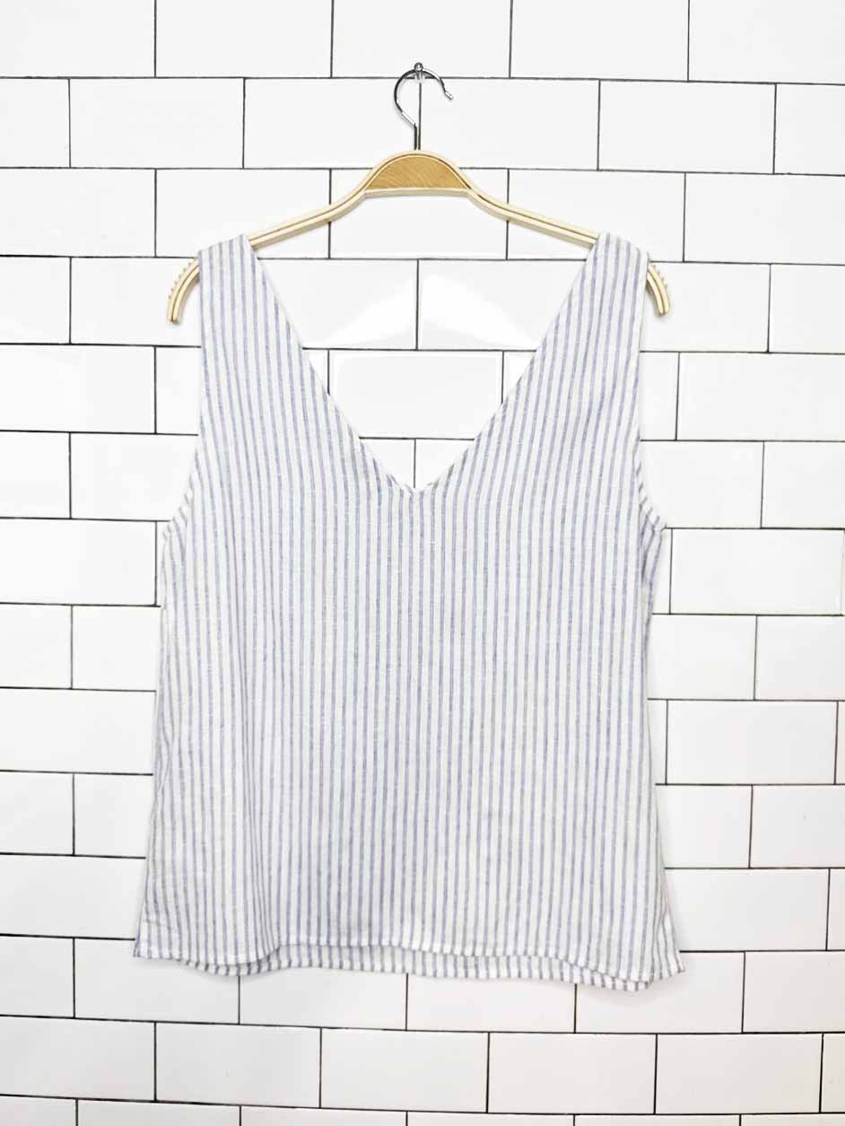 cream linen-blend v-neck blue stripe tank