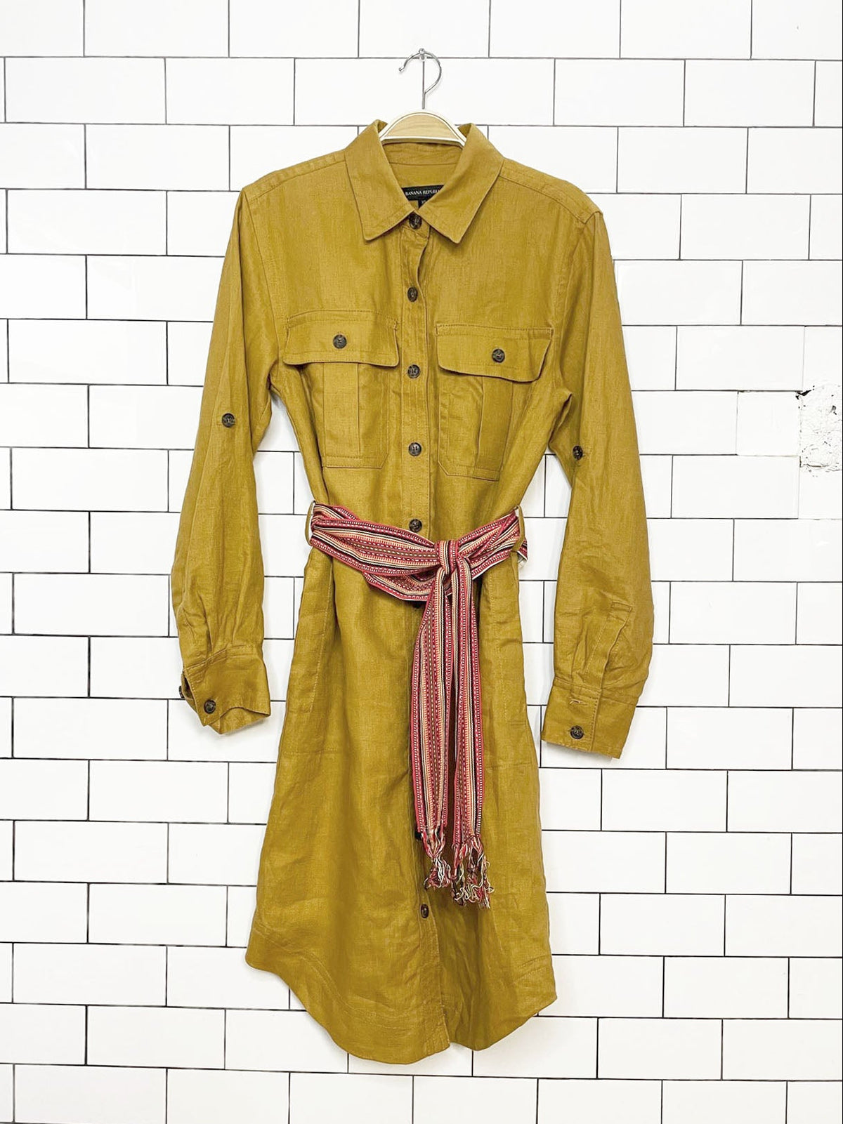 banana republic 100% linen long sleeve full button midi dress w vintage woven belt