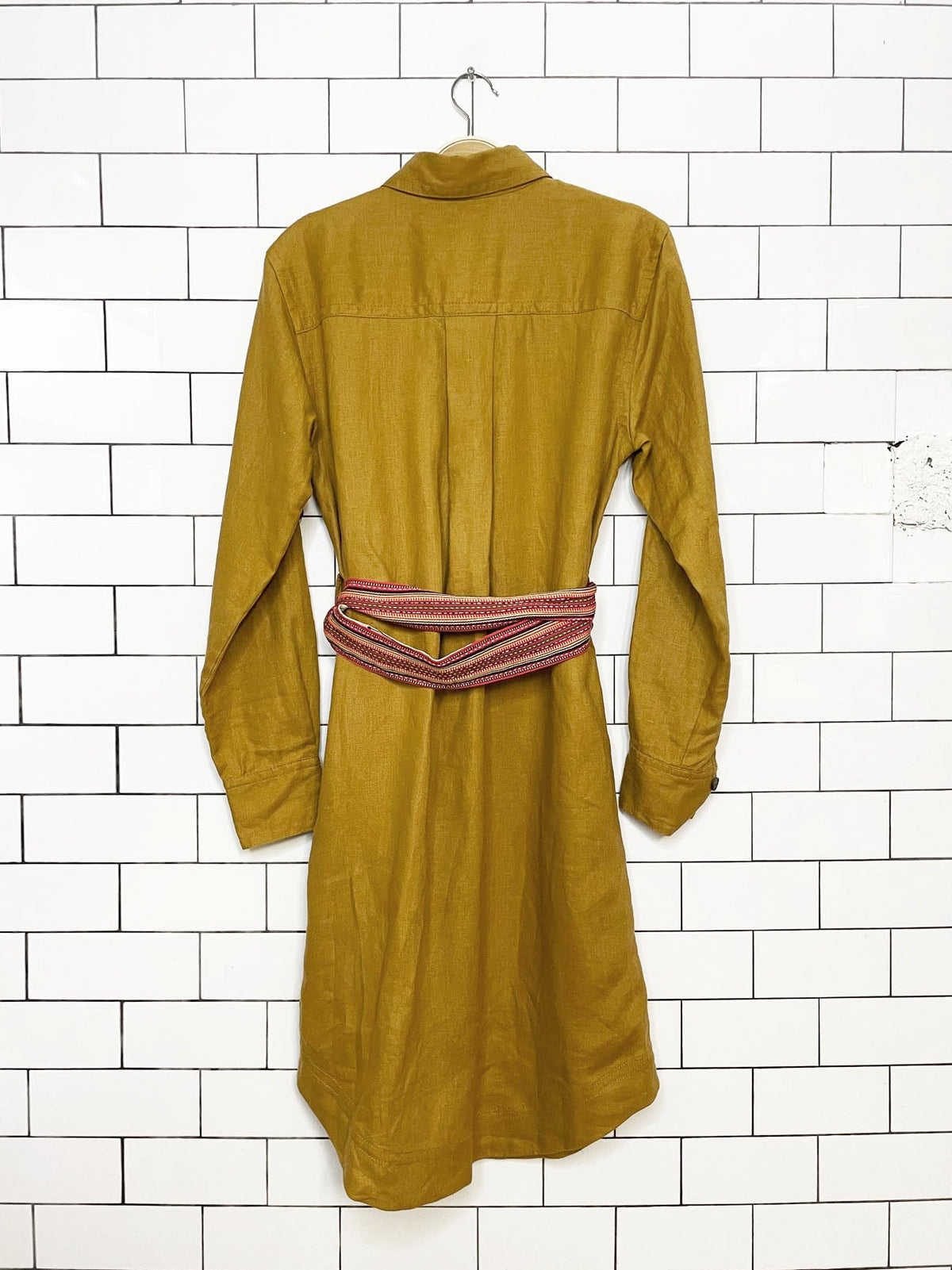 banana republic 100% linen long sleeve full button midi dress w vintage woven belt