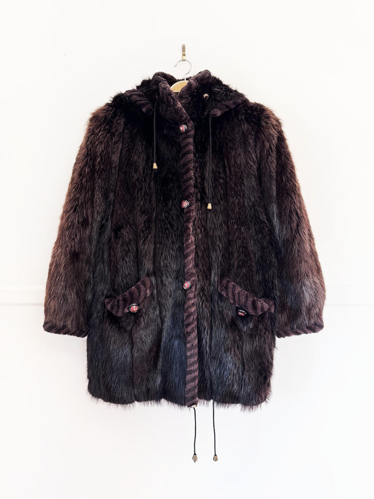 vintage 90s muscalus mink fur hooded drawstring coat with sheared mink fur trim