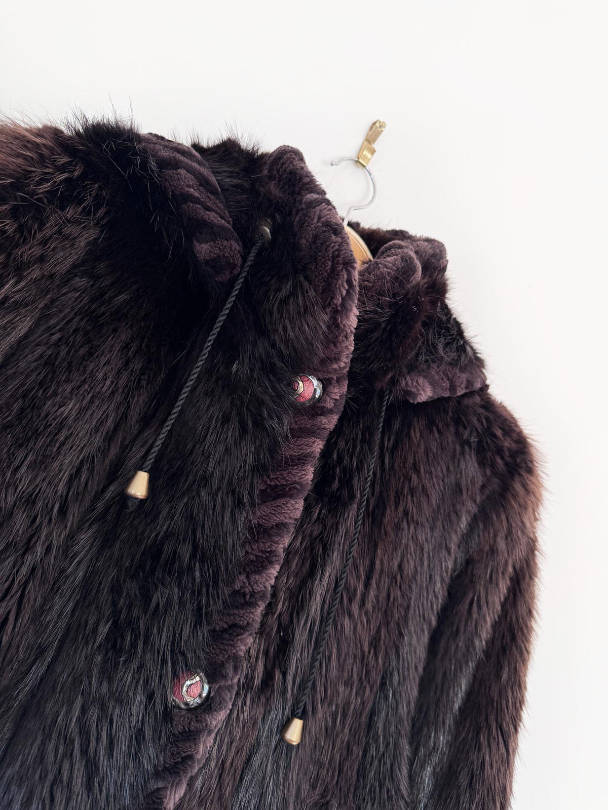 vintage 90s muscalus mink fur hooded drawstring coat with sheared mink fur trim