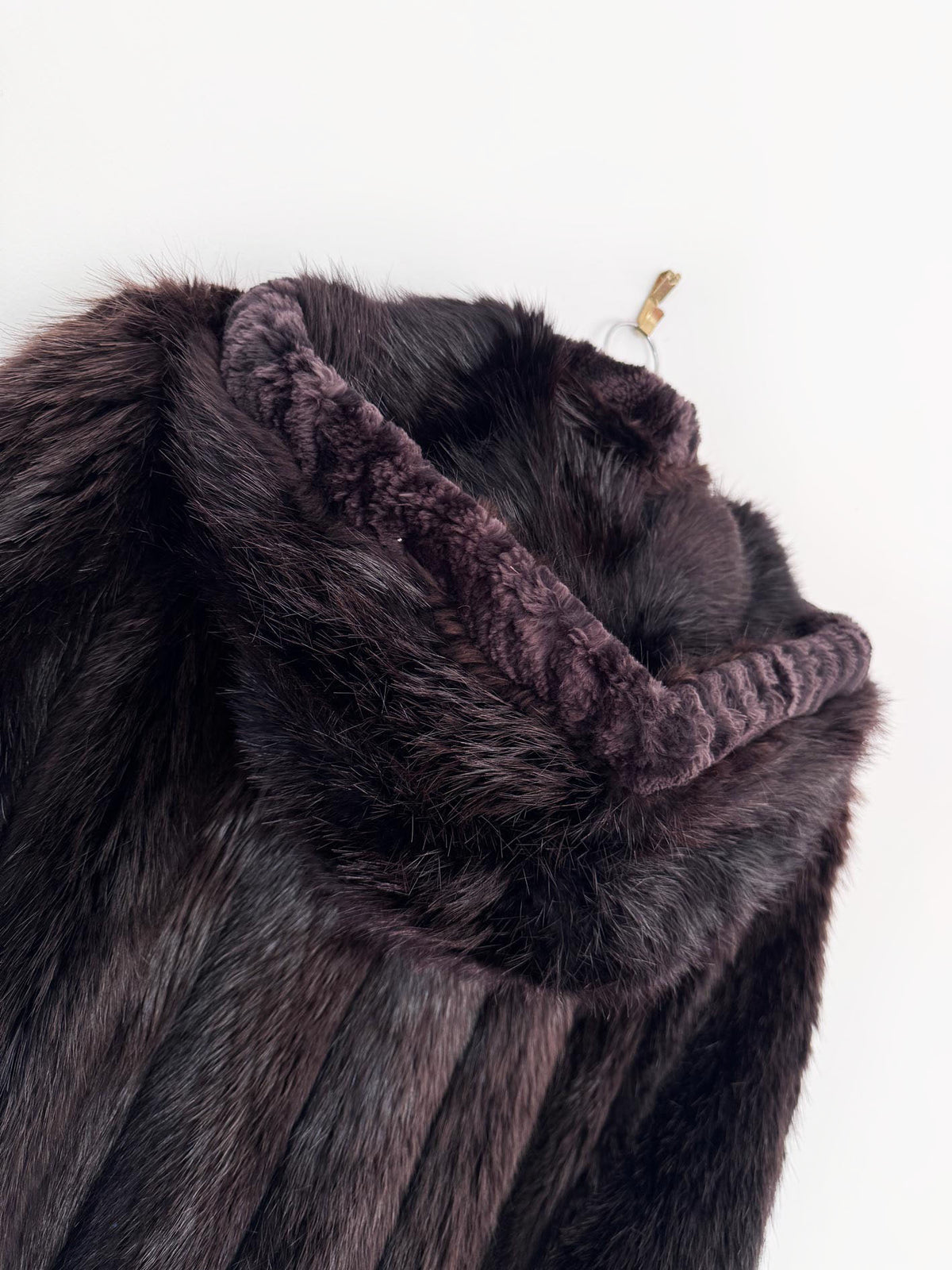 vintage 90s muscalus mink fur hooded drawstring coat with sheared mink fur trim