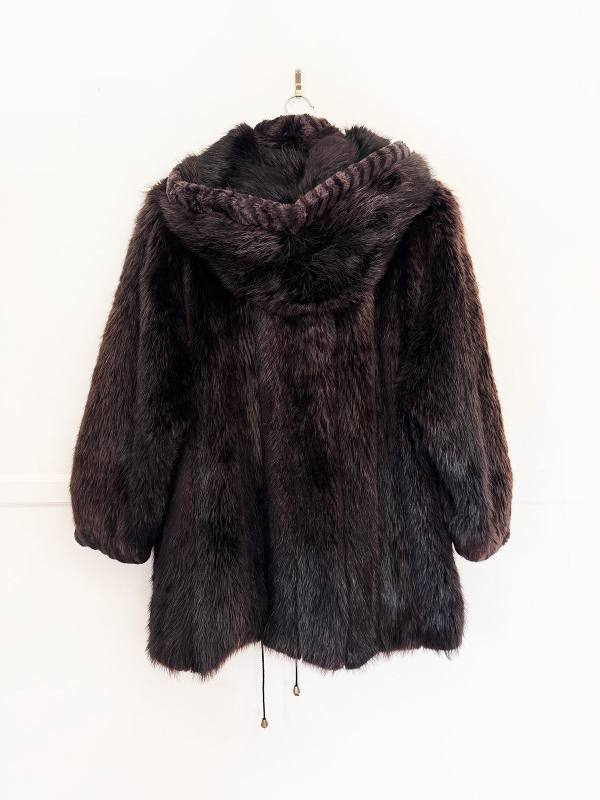vintage 90s muscalus mink fur hooded drawstring coat with sheared mink fur trim