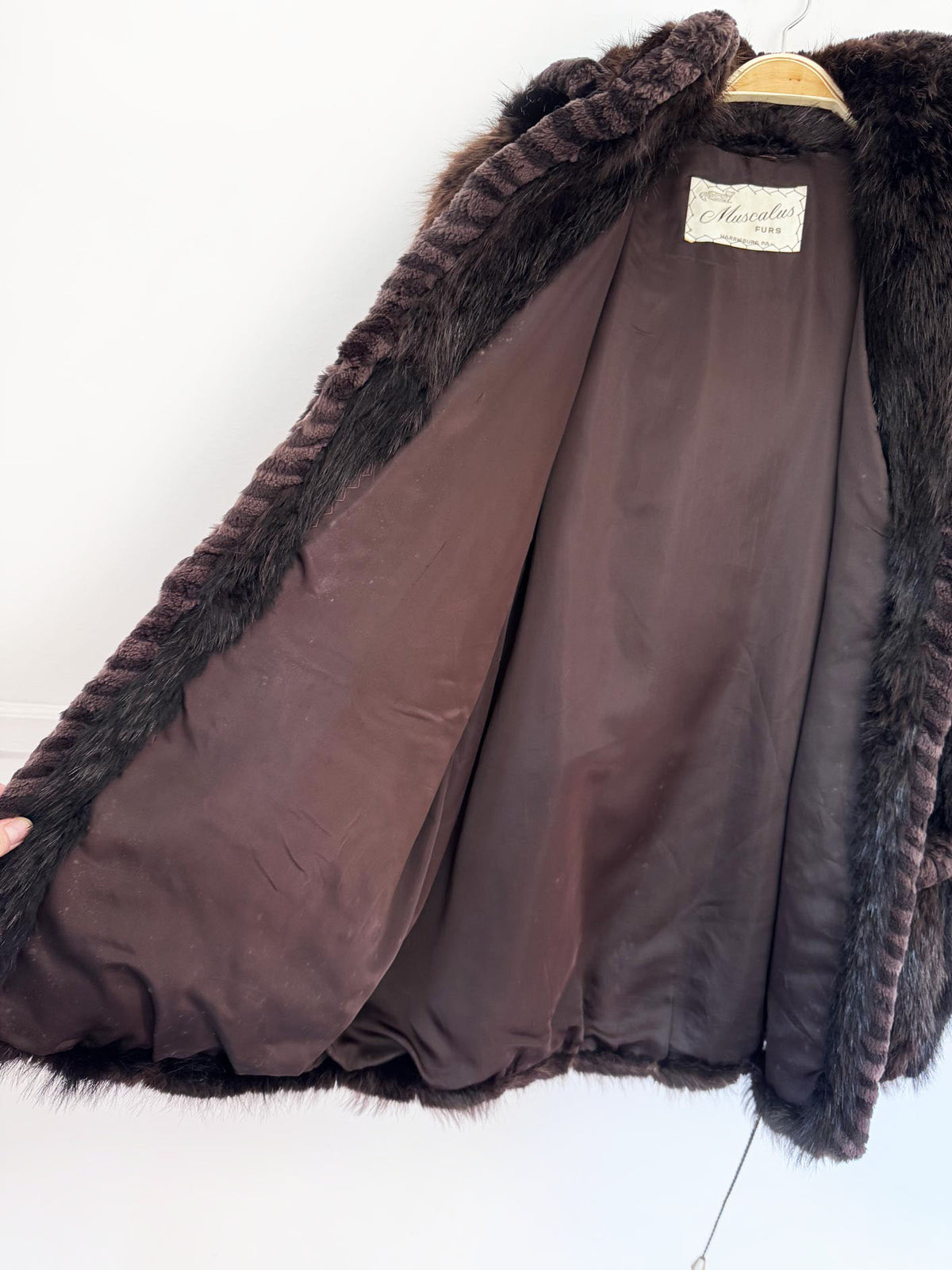 vintage 90s muscalus mink fur hooded drawstring coat with sheared mink fur trim