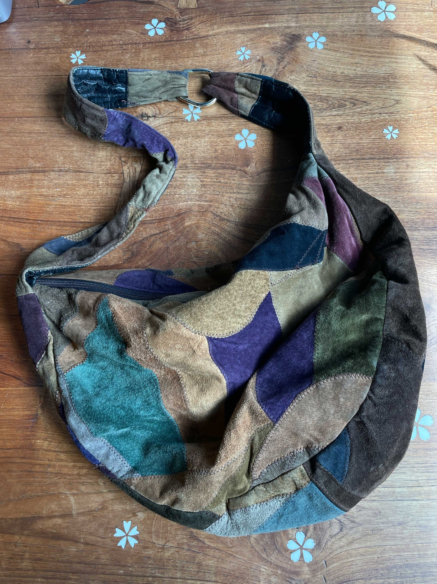 vintage 80s suede patchwork hobo bag