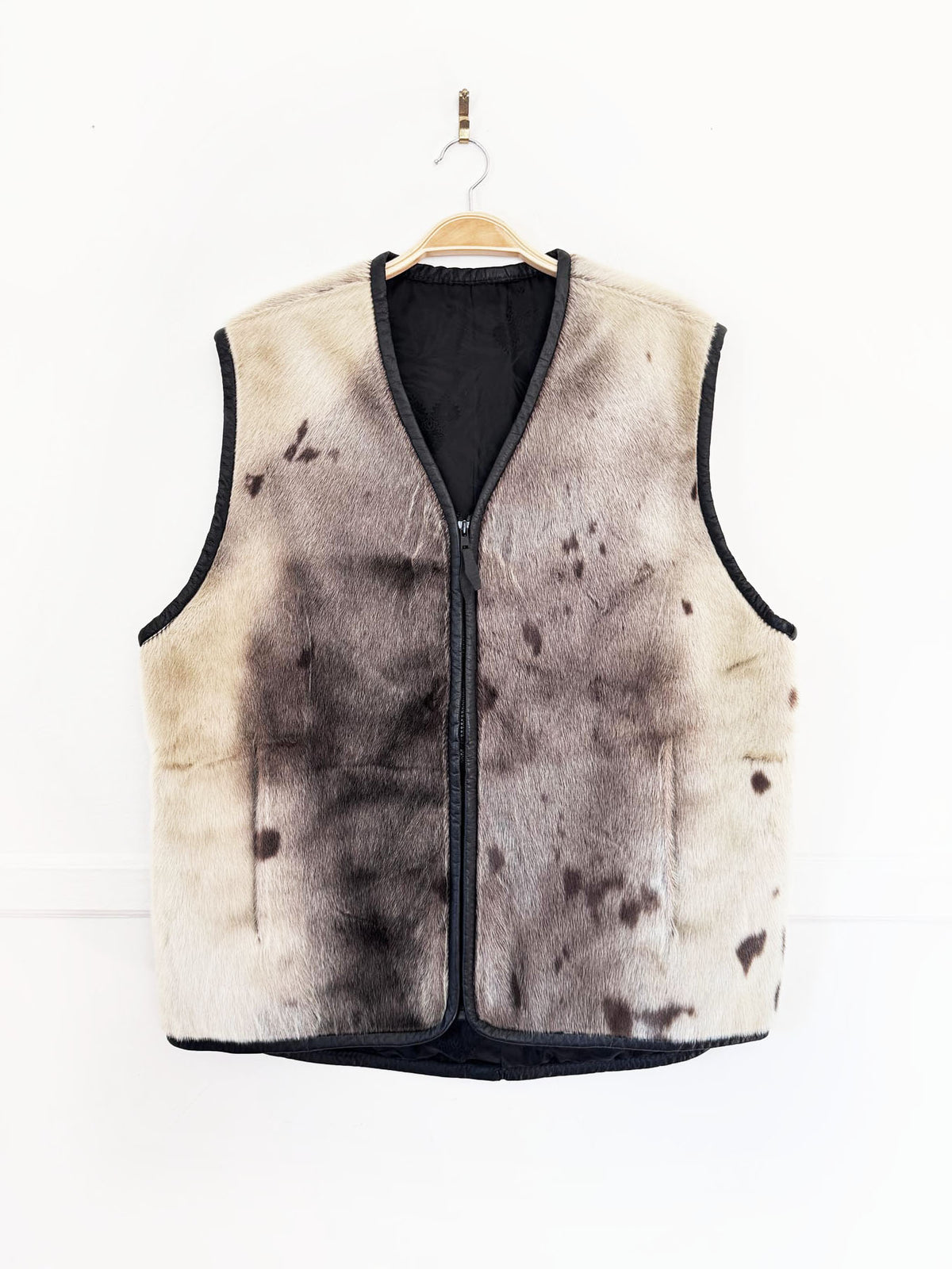 vintage seal fur full zip vest with leather trim