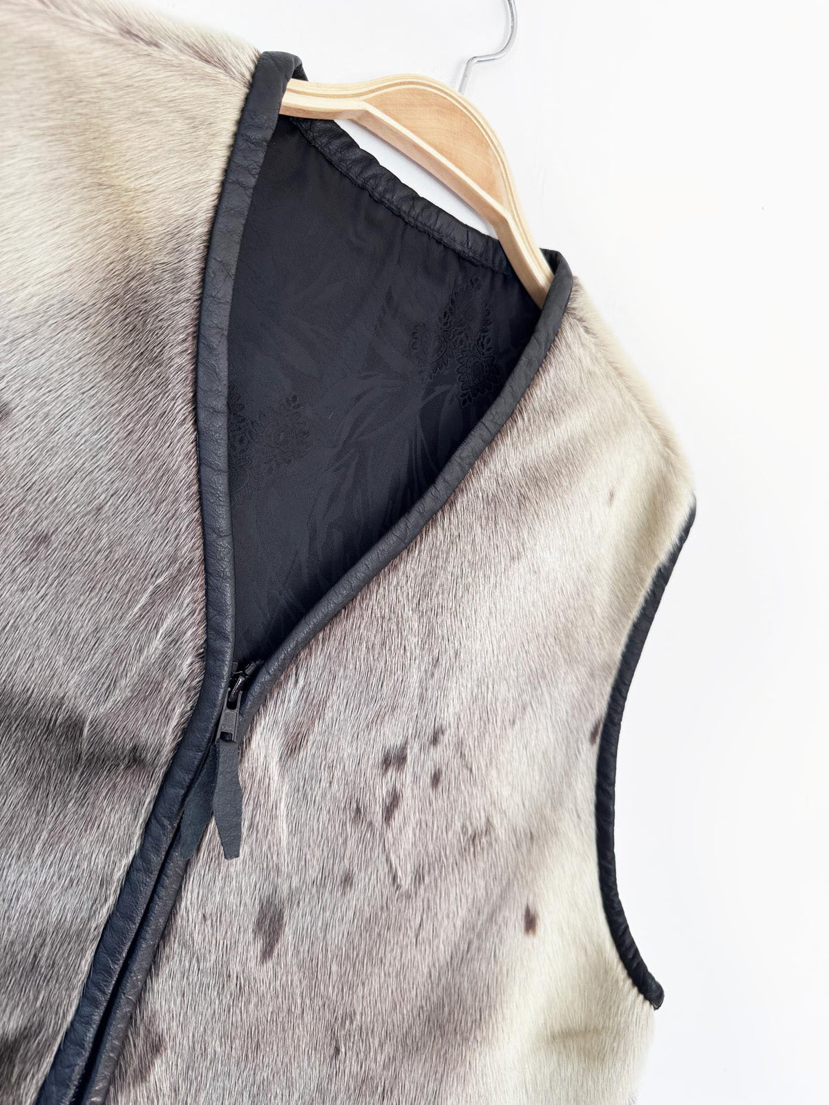 vintage seal fur full zip vest with leather trim