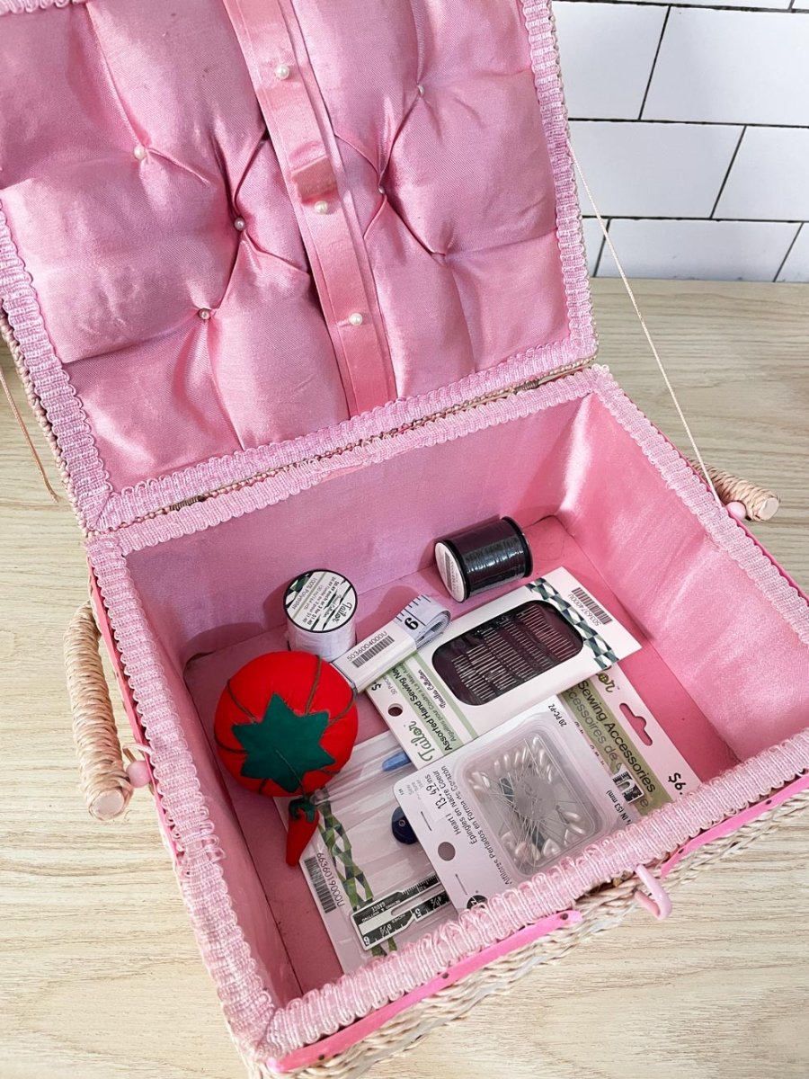 vintage sewing basket beginner sewing kit - good market thrift store