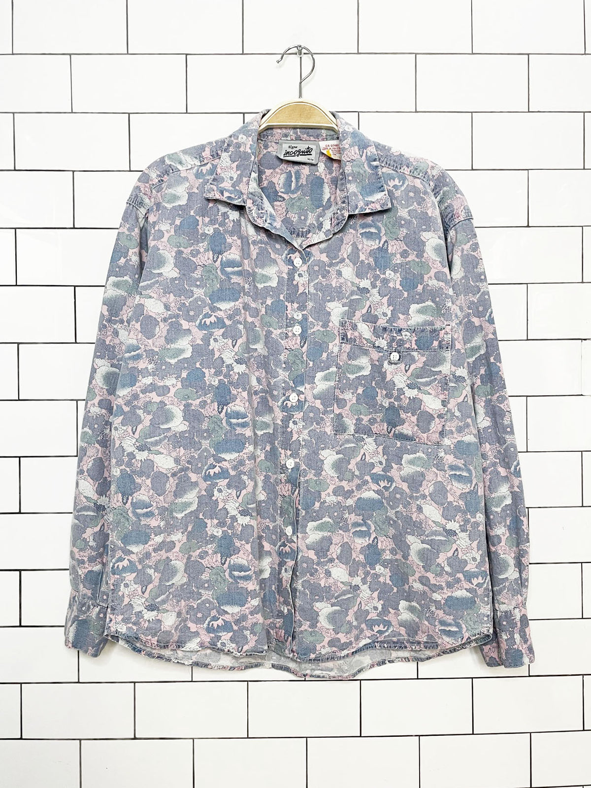 vintage signe incognito floral denim full button shirt