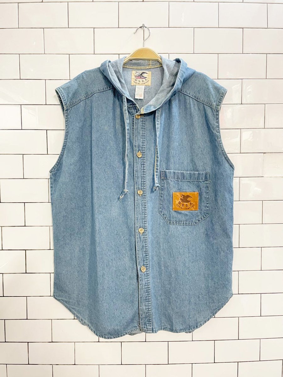 vintage 90s USDA sleeveless hooded denim shirt | made in USA - good market thrift store