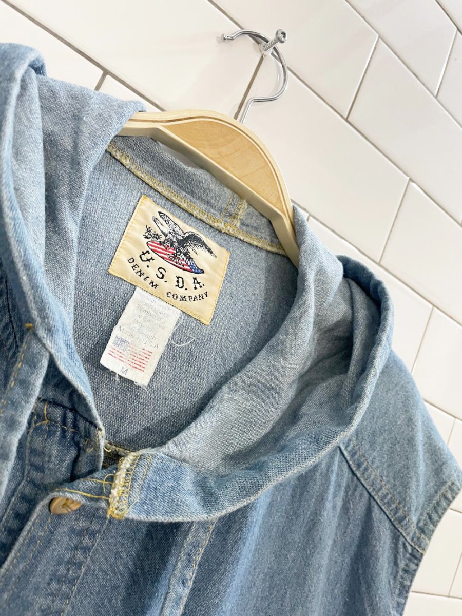 vintage 90s USDA sleeveless hooded denim shirt | made in USA - good market thrift store