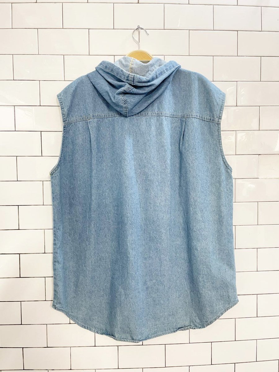 vintage 90s USDA sleeveless hooded denim shirt | made in USA - good market thrift store
