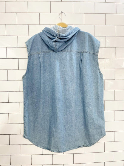 vintage 90s USDA sleeveless hooded denim shirt | made in USA - good market thrift store
