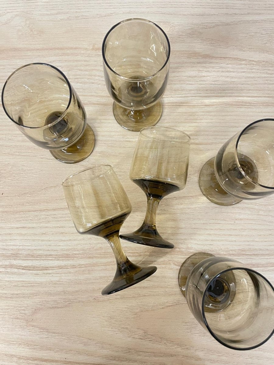 x6 vintage 60s mcm smoke glass wine glasses - good market thrift store
