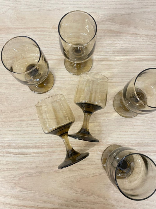 x6 vintage 60s mcm smoke glass wine glasses - good market thrift store