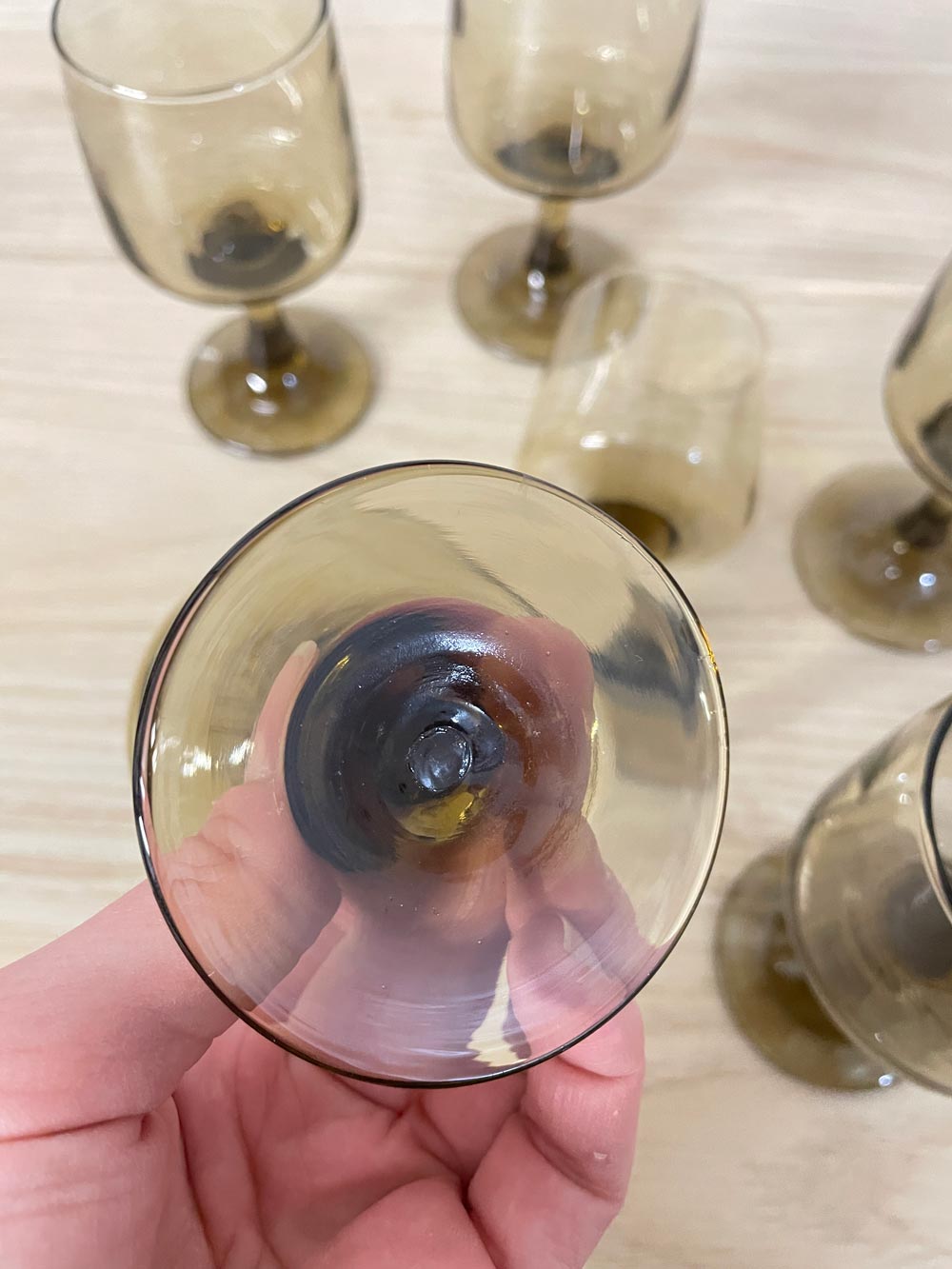 x6 vintage 60s mcm smoke glass wine glasses - good market thrift store