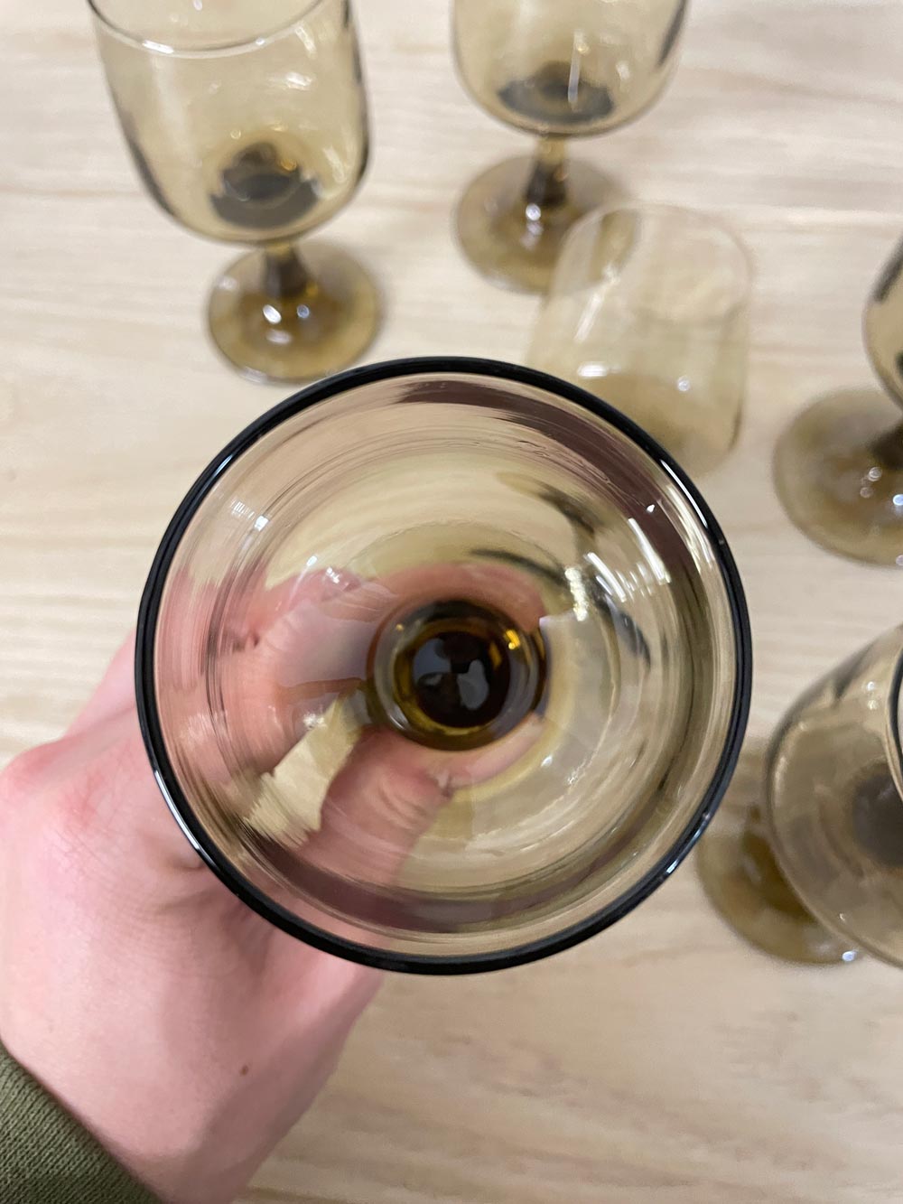 x6 vintage 60s mcm smoke glass wine glasses - good market thrift store