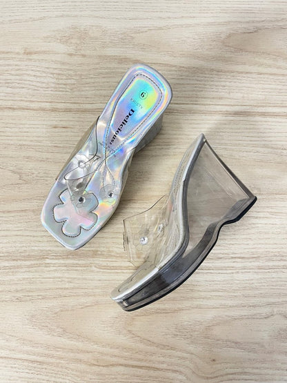 y2k delicious plastic flower lucite wedge sandals - good market thrift store