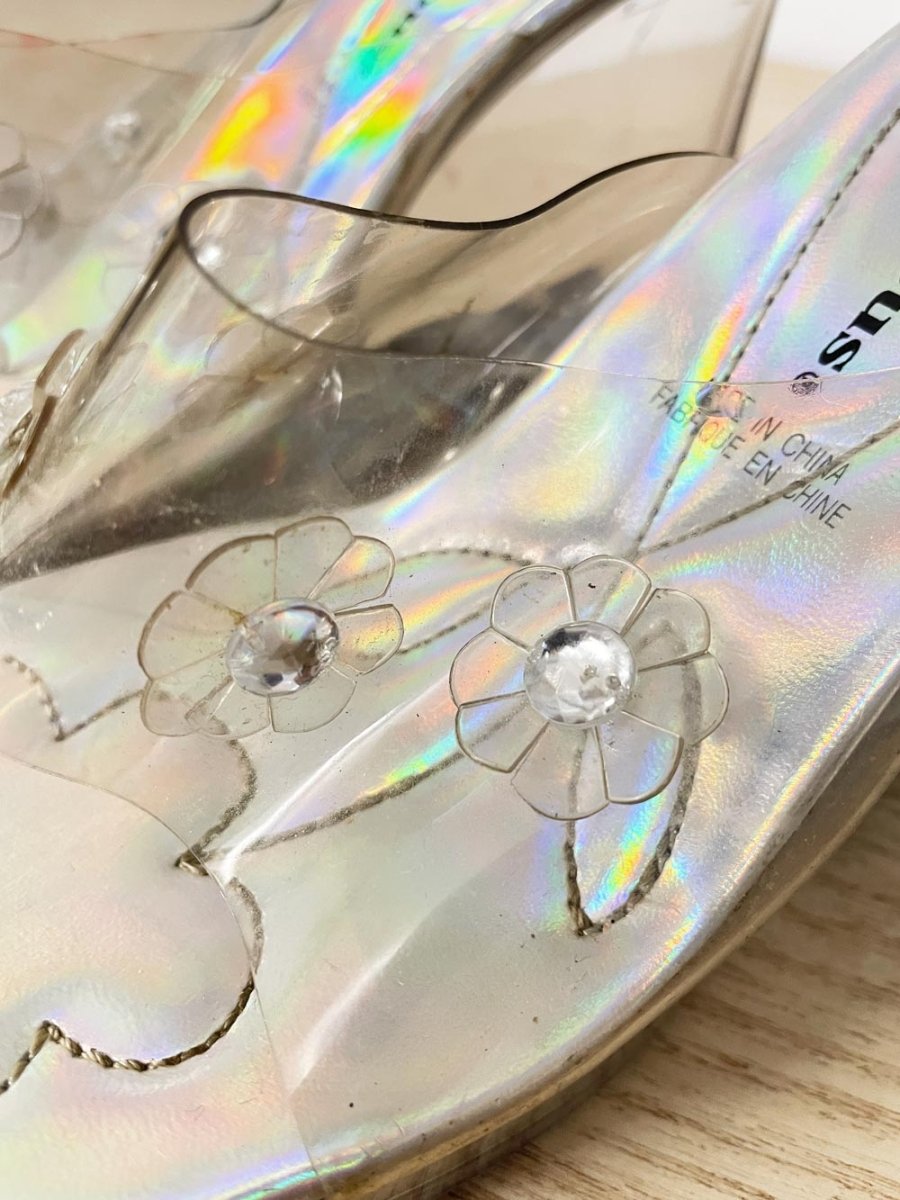 y2k delicious plastic flower lucite wedge sandals - good market thrift store