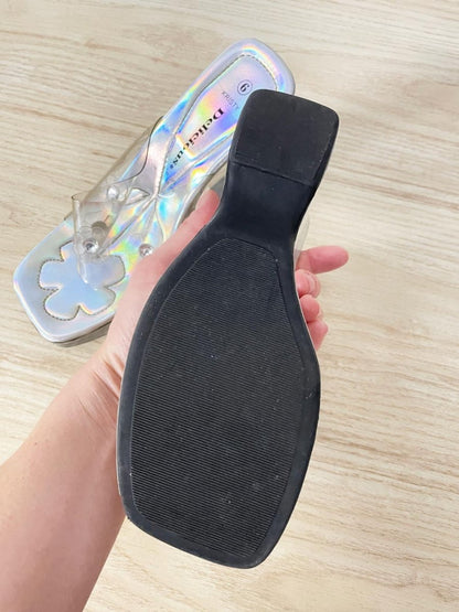 y2k delicious plastic flower lucite wedge sandals - good market thrift store