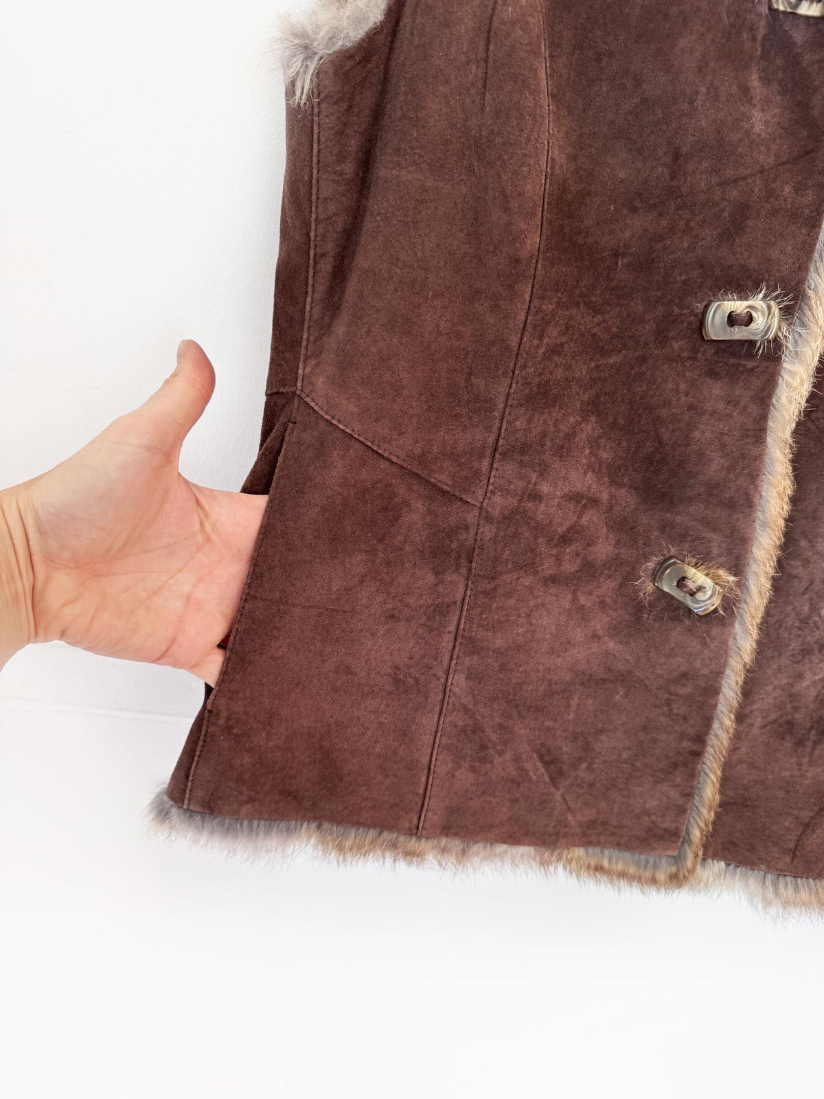 vintage bushwacker rabbit fur + suede reversible vest