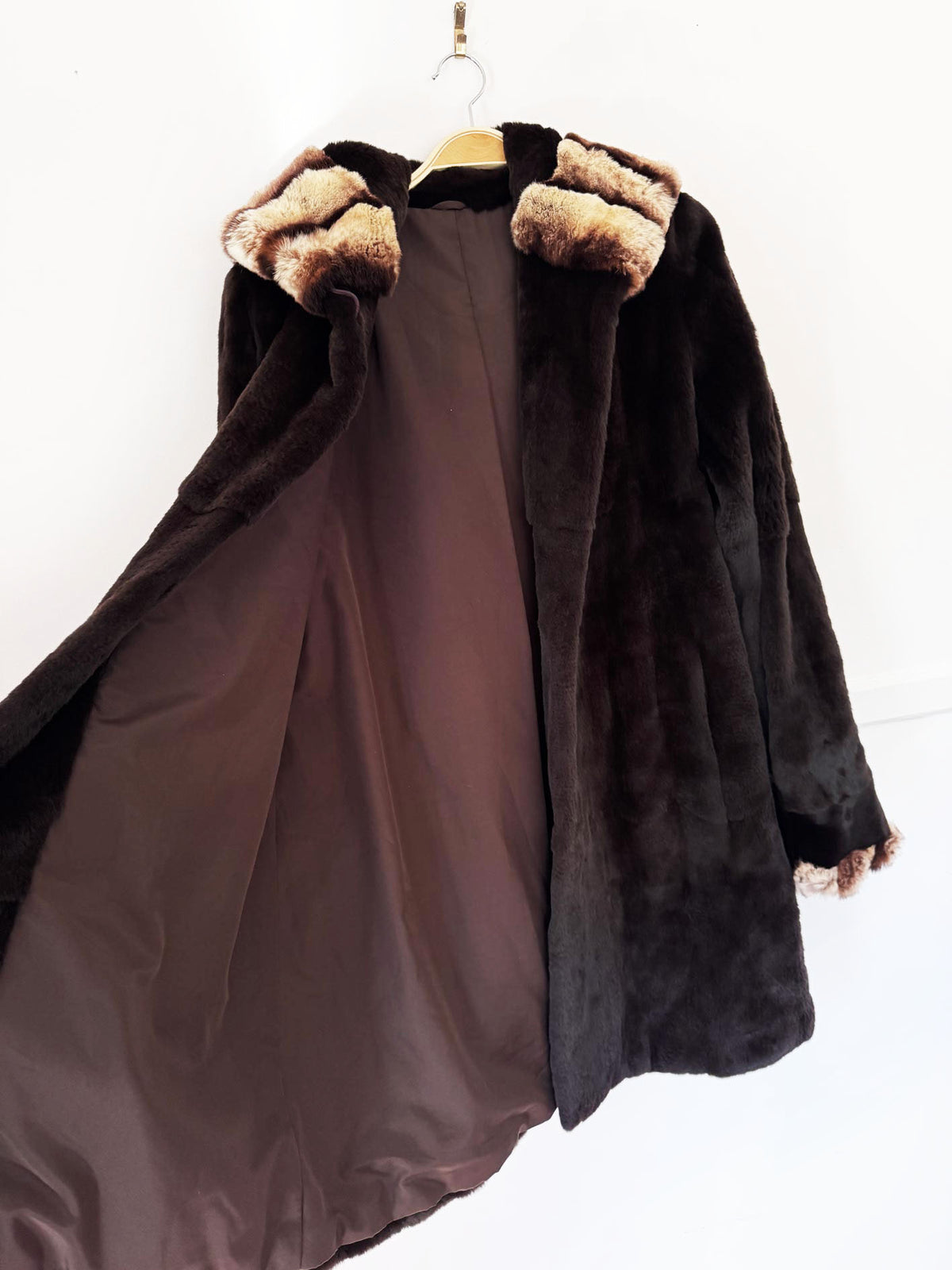 vintage 80s shaved beaver fur hooded coat with contrast chinchilla-pattern cuffs