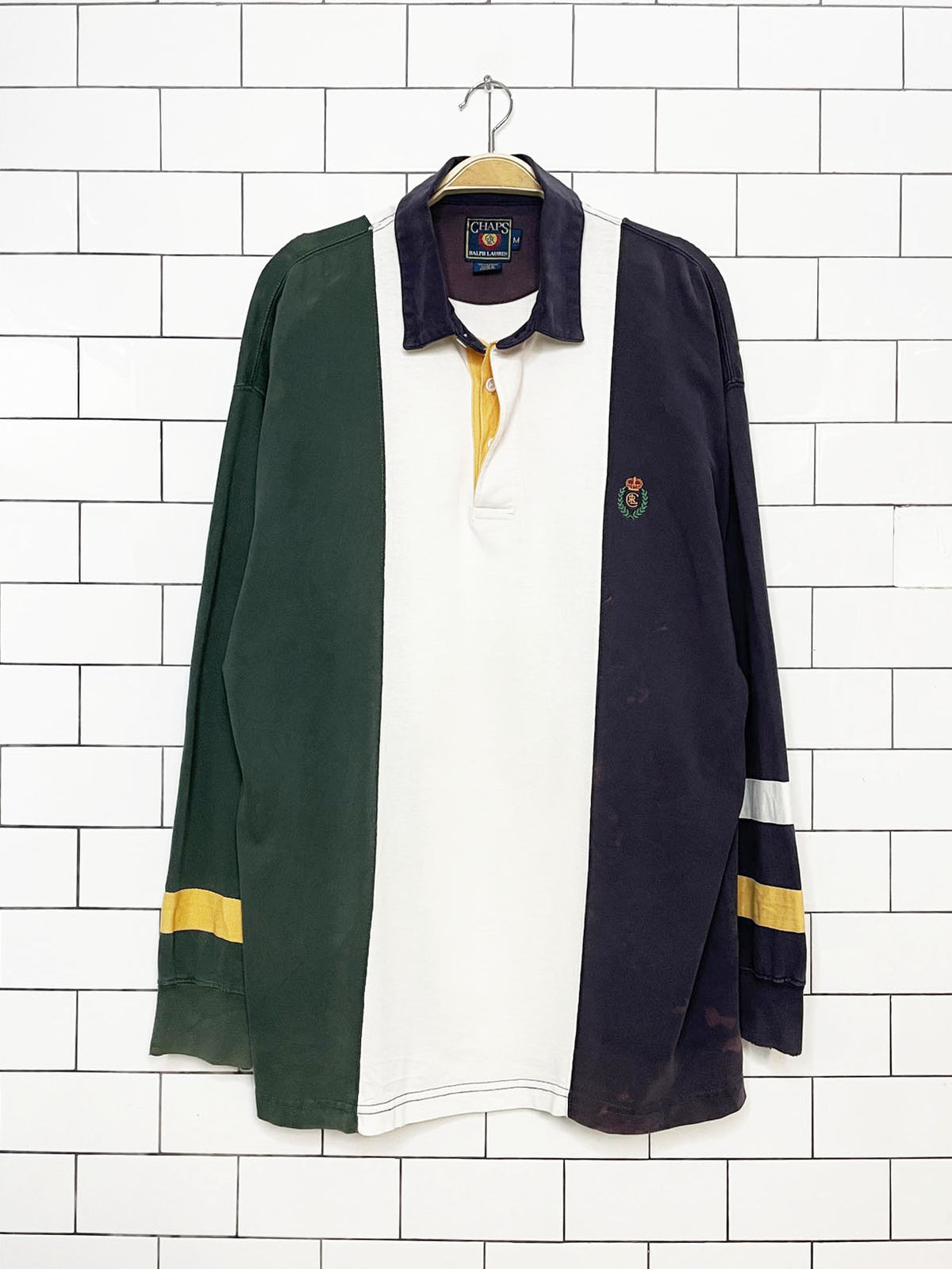 vintage 90s chaps ralph lauren crested colour block long sleeve rugby shirt