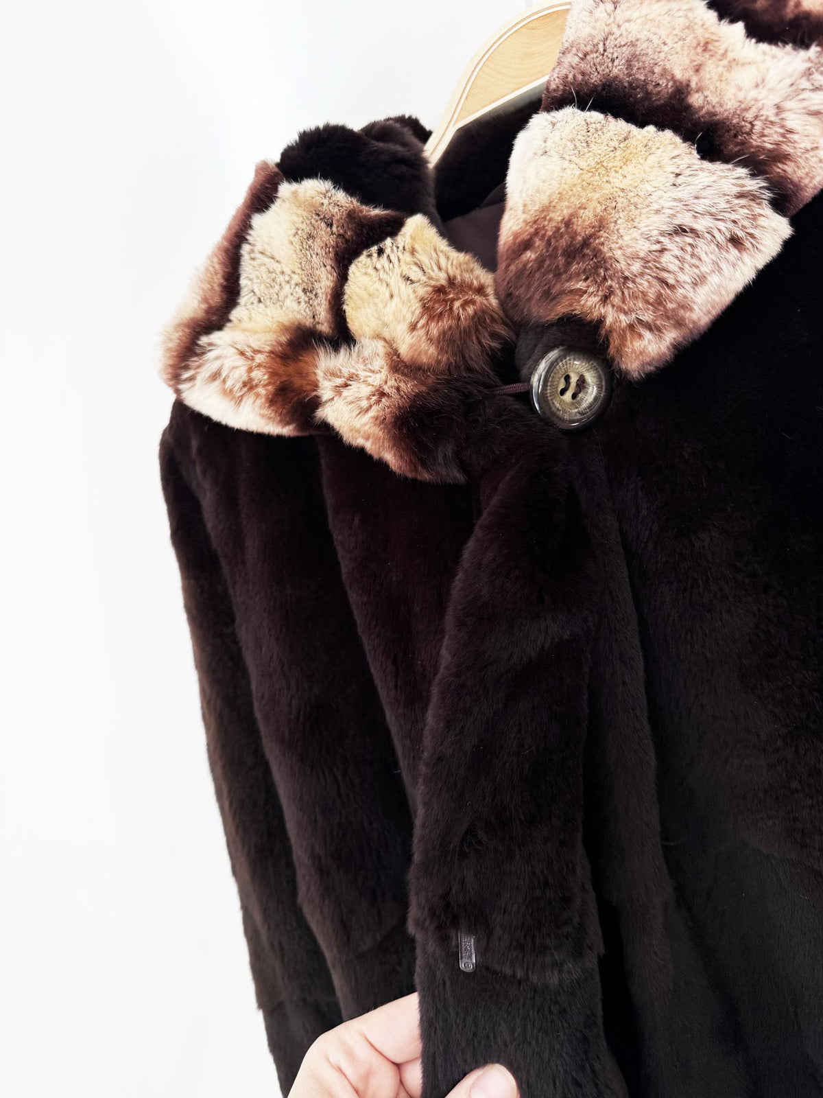 vintage 80s shaved beaver fur hooded coat with contrast chinchilla-pattern cuffs