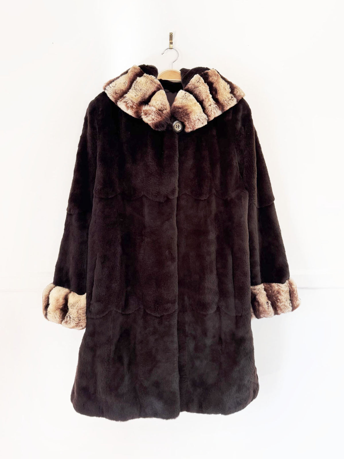 vintage 80s shaved beaver fur hooded coat with contrast chinchilla-pattern cuffs