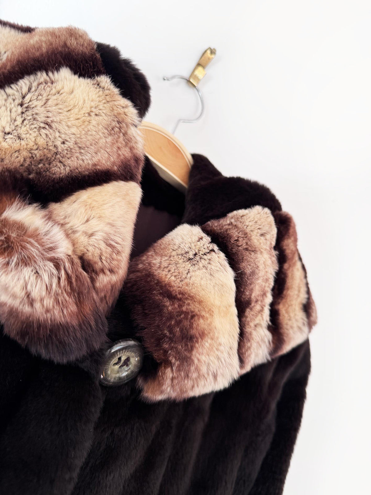 vintage 80s shaved beaver fur hooded coat with contrast chinchilla-pattern cuffs
