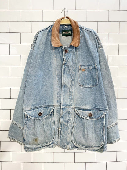 vintage 90s american eagle outfitters leather collar denim chore coat - good market thrift store