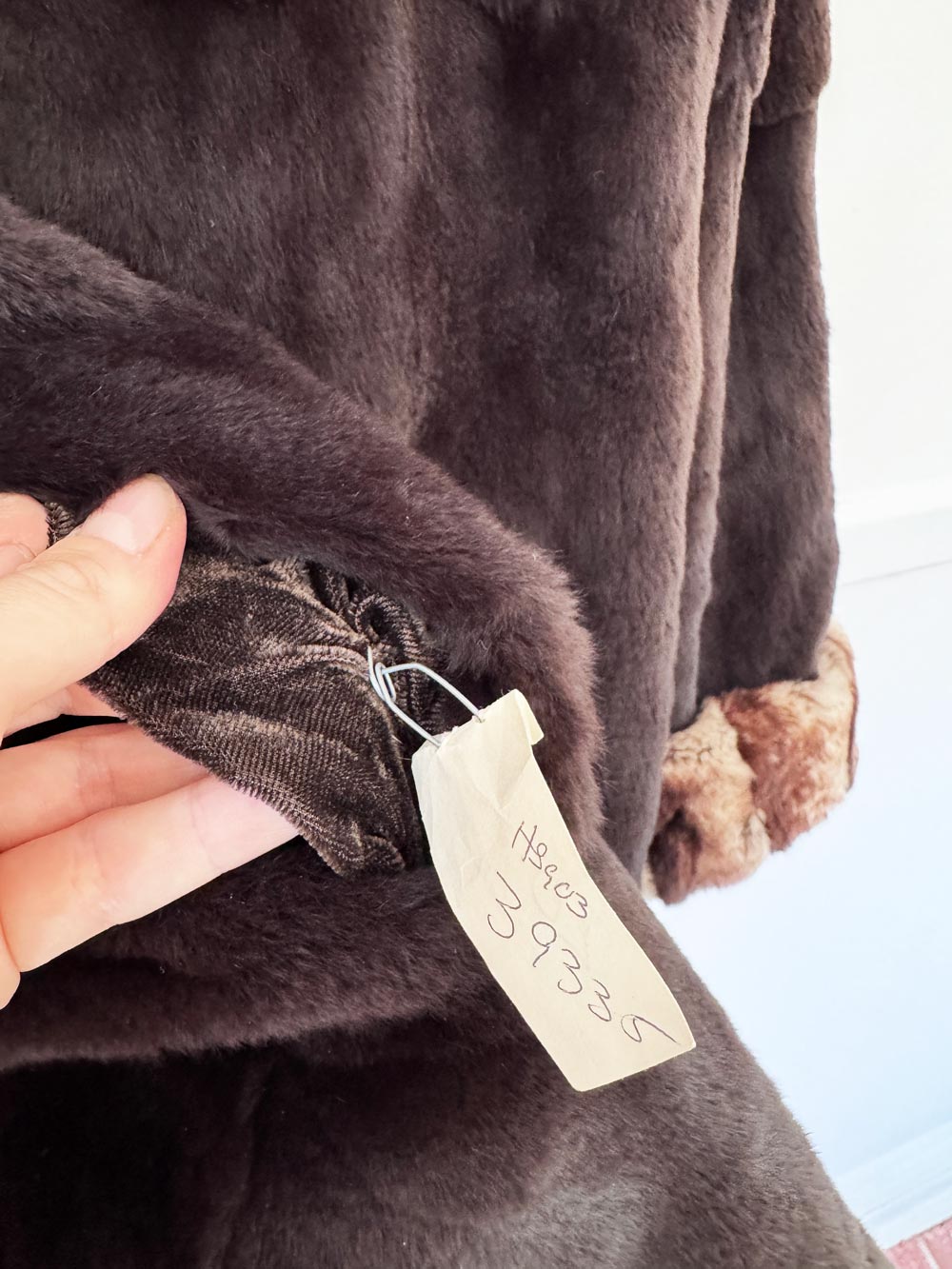 vintage 80s shaved beaver fur hooded coat with contrast chinchilla-pattern cuffs