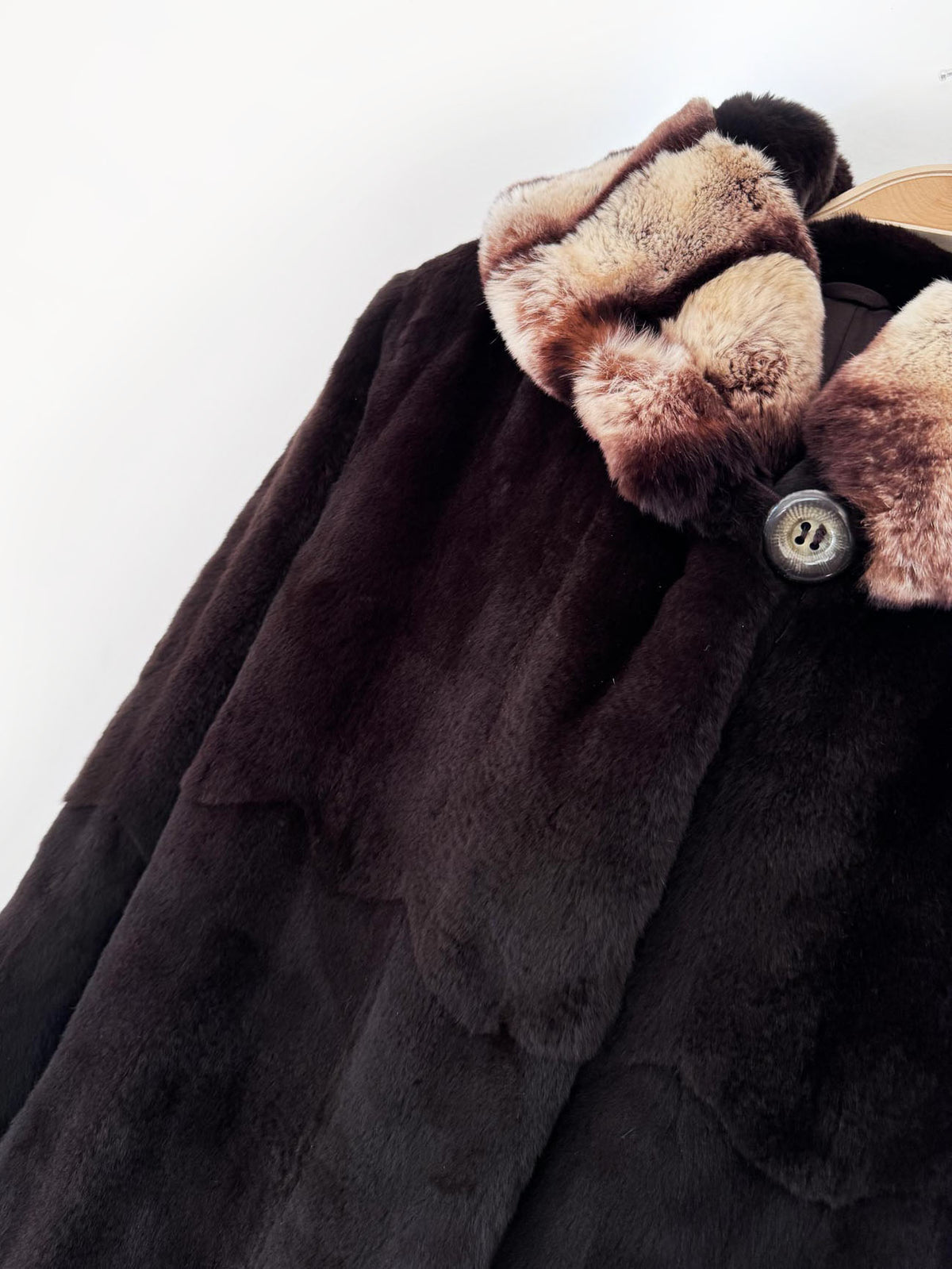 vintage 80s shaved beaver fur hooded coat with contrast chinchilla-pattern cuffs
