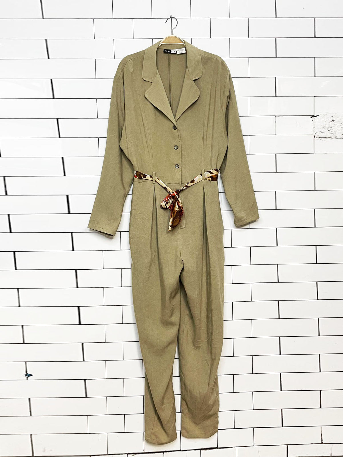vintage hangten flax-blend long sleeve full button pleated jumpsuit