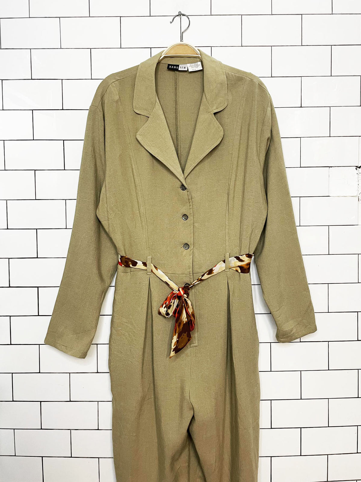 vintage hangten flax-blend long sleeve full button pleated jumpsuit