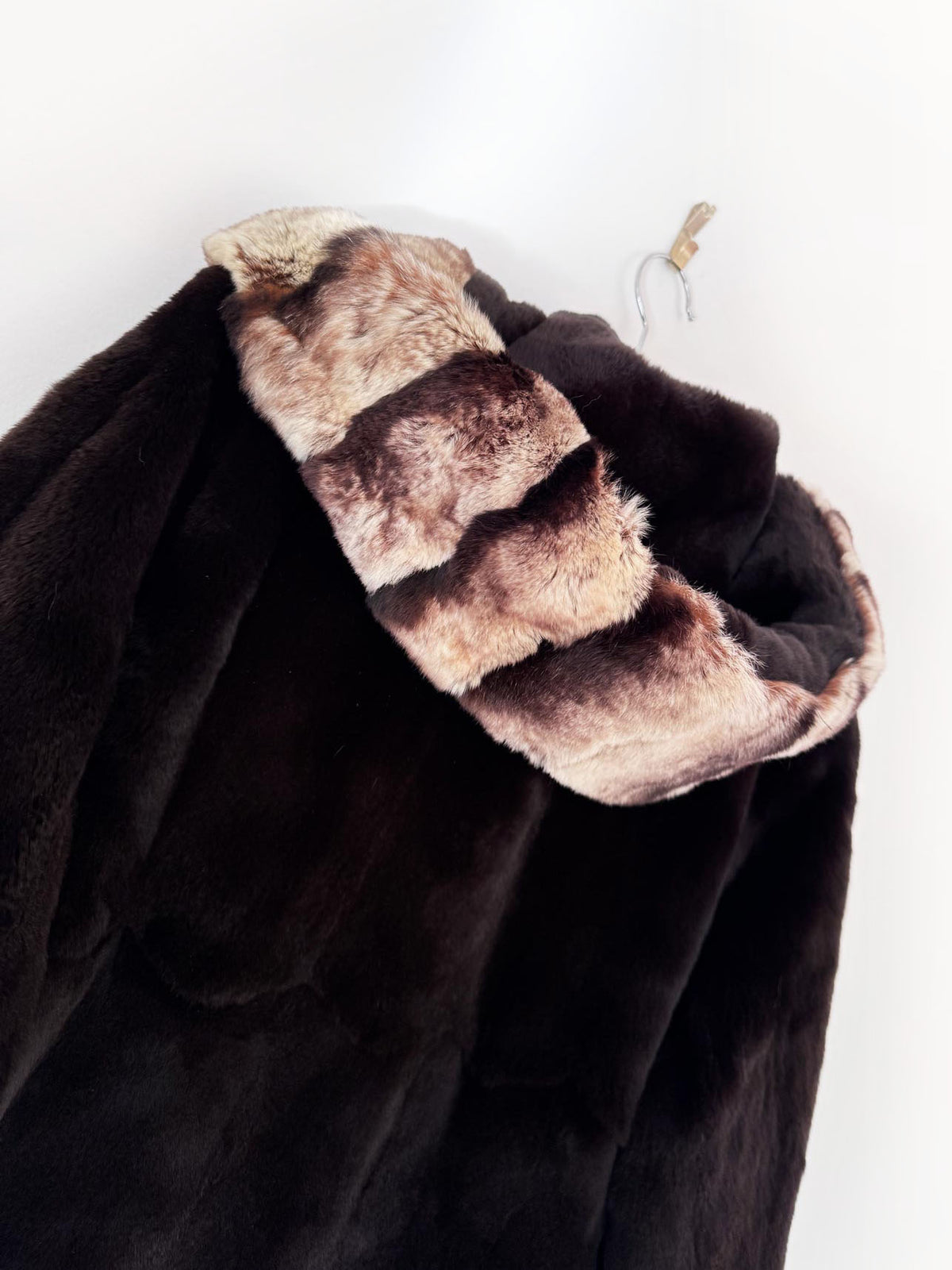 vintage 80s shaved beaver fur hooded coat with contrast chinchilla-pattern cuffs