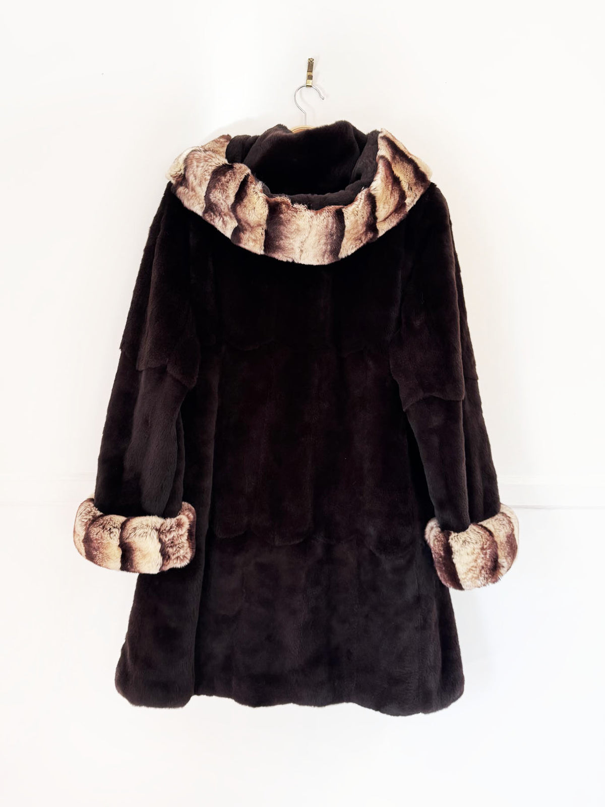 vintage 80s shaved beaver fur hooded coat with contrast chinchilla-pattern cuffs