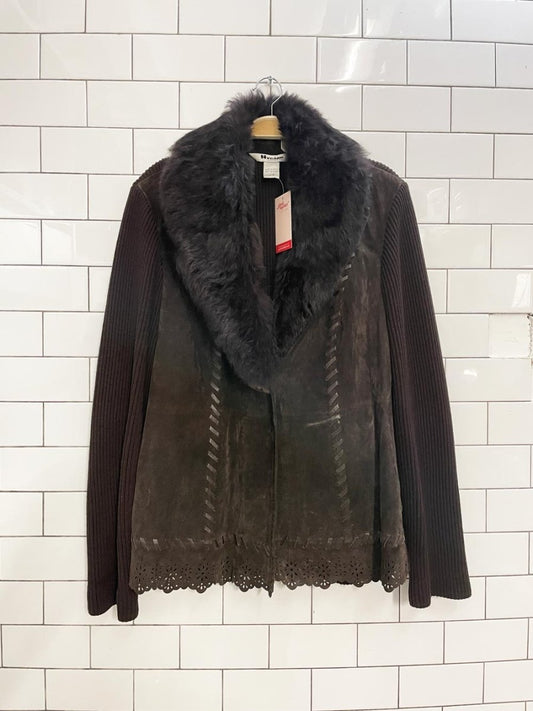 vintage 00s nygard rabbit fur + suede knit boho cardigan jacket - good market thrift store