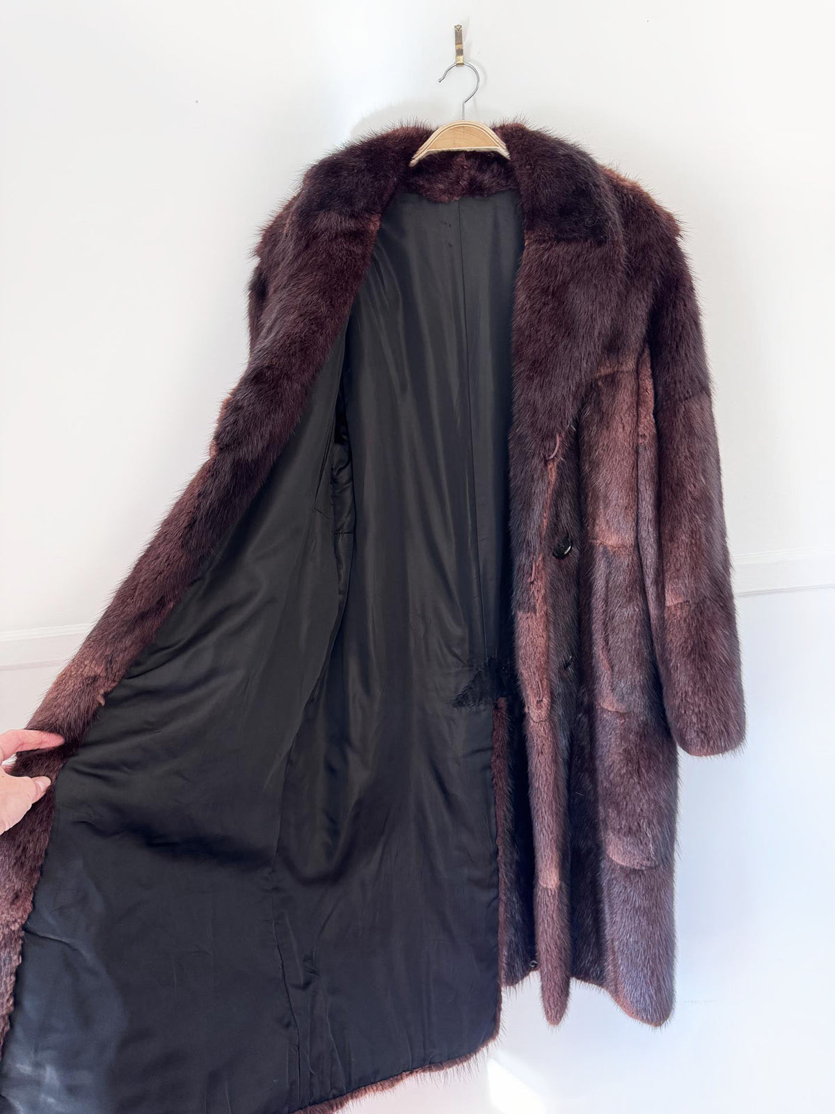 vintage 80s muskrat fur double breasted long coat
