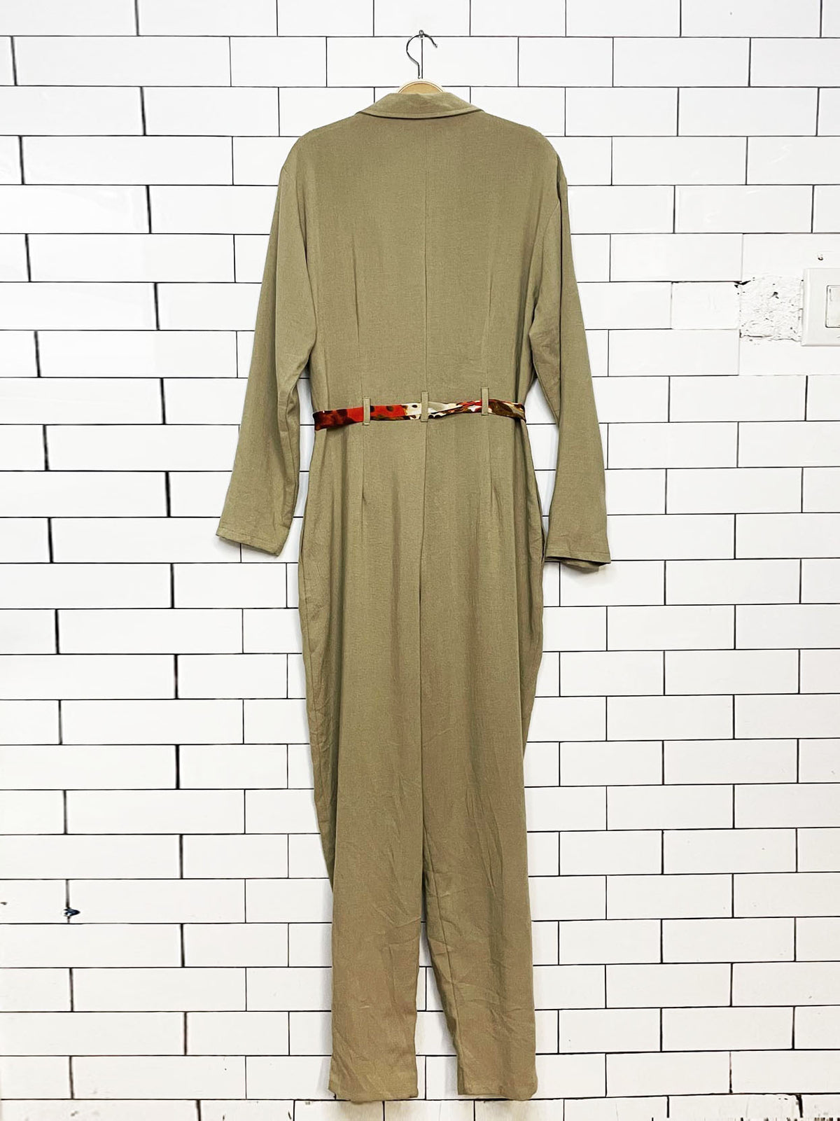 vintage hangten flax-blend long sleeve full button pleated jumpsuit