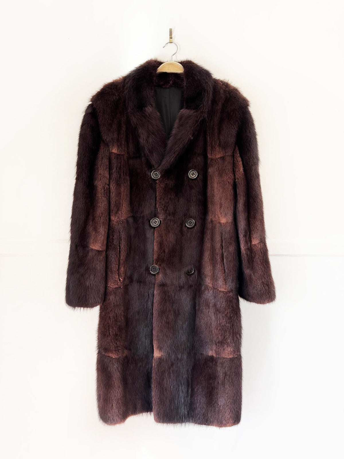 vintage 80s muskrat fur double breasted long coat