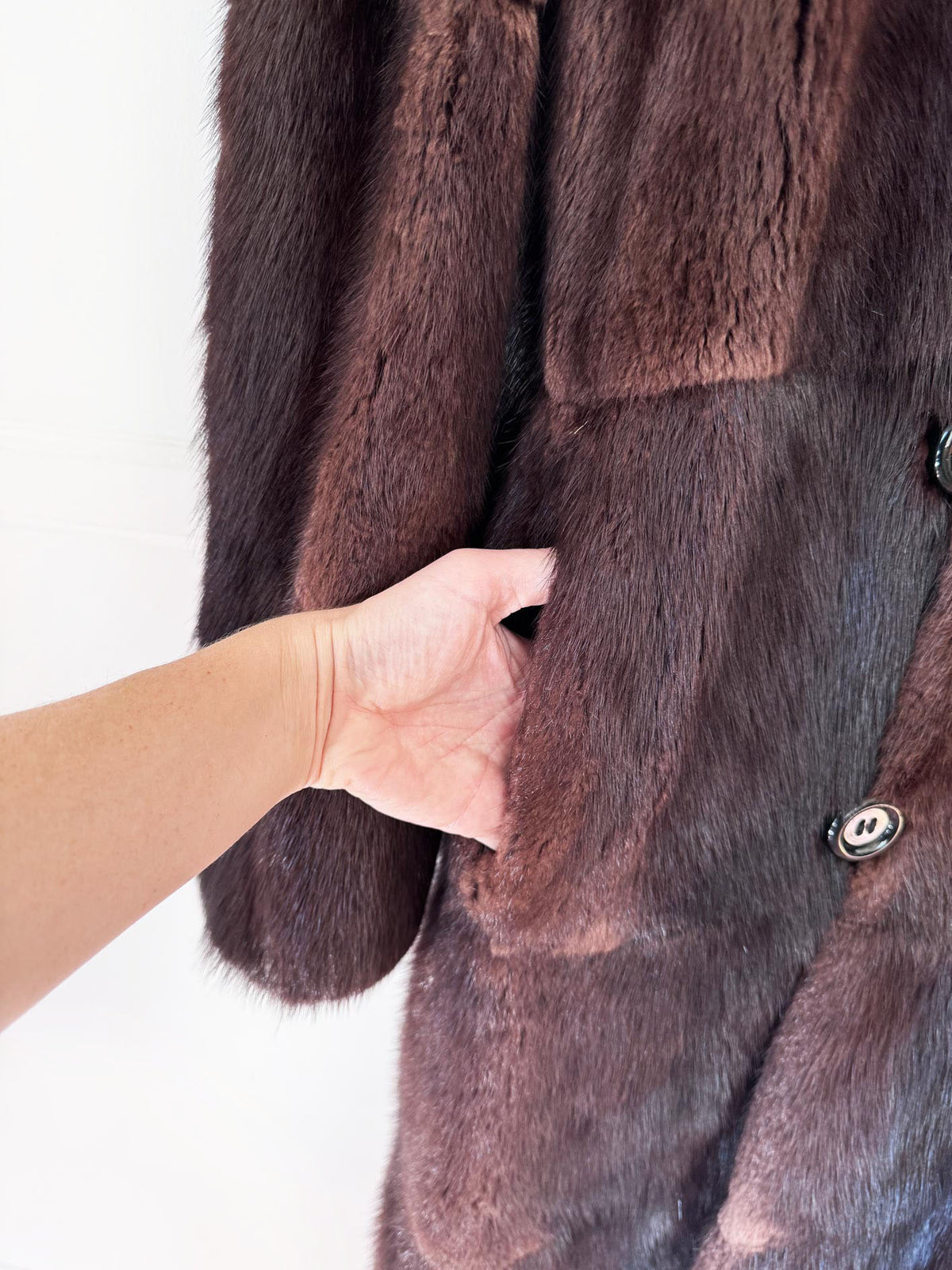 vintage 80s muskrat fur double breasted long coat