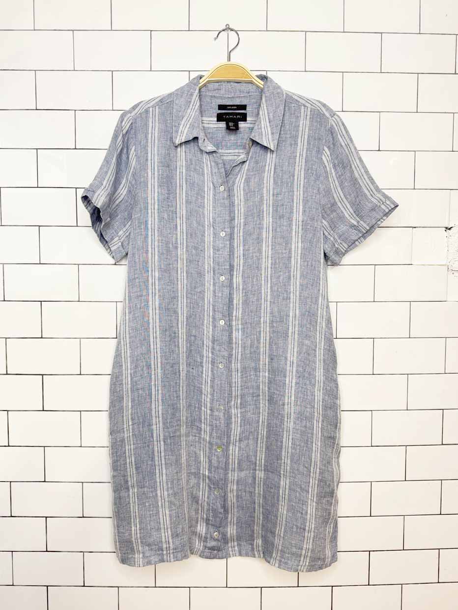 tahari 100% linen blue stripe full button shirt midi dress