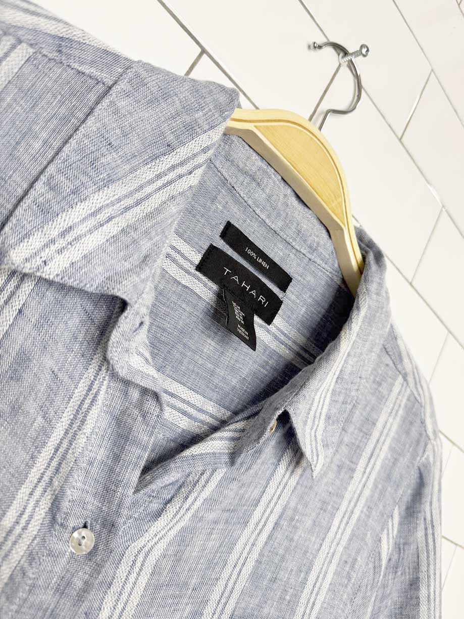 tahari 100% linen blue stripe full button shirt midi dress