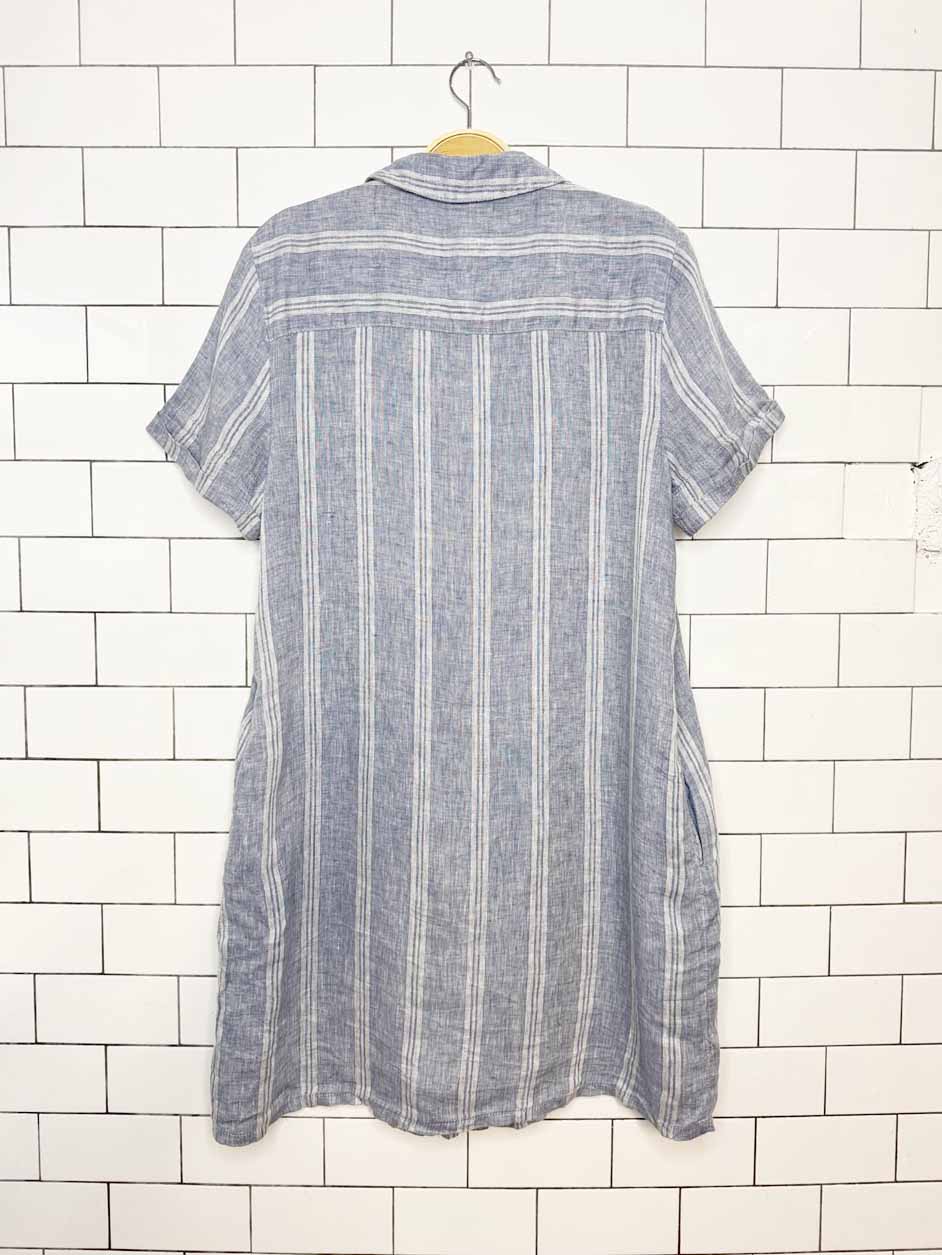 tahari 100% linen blue stripe full button shirt midi dress