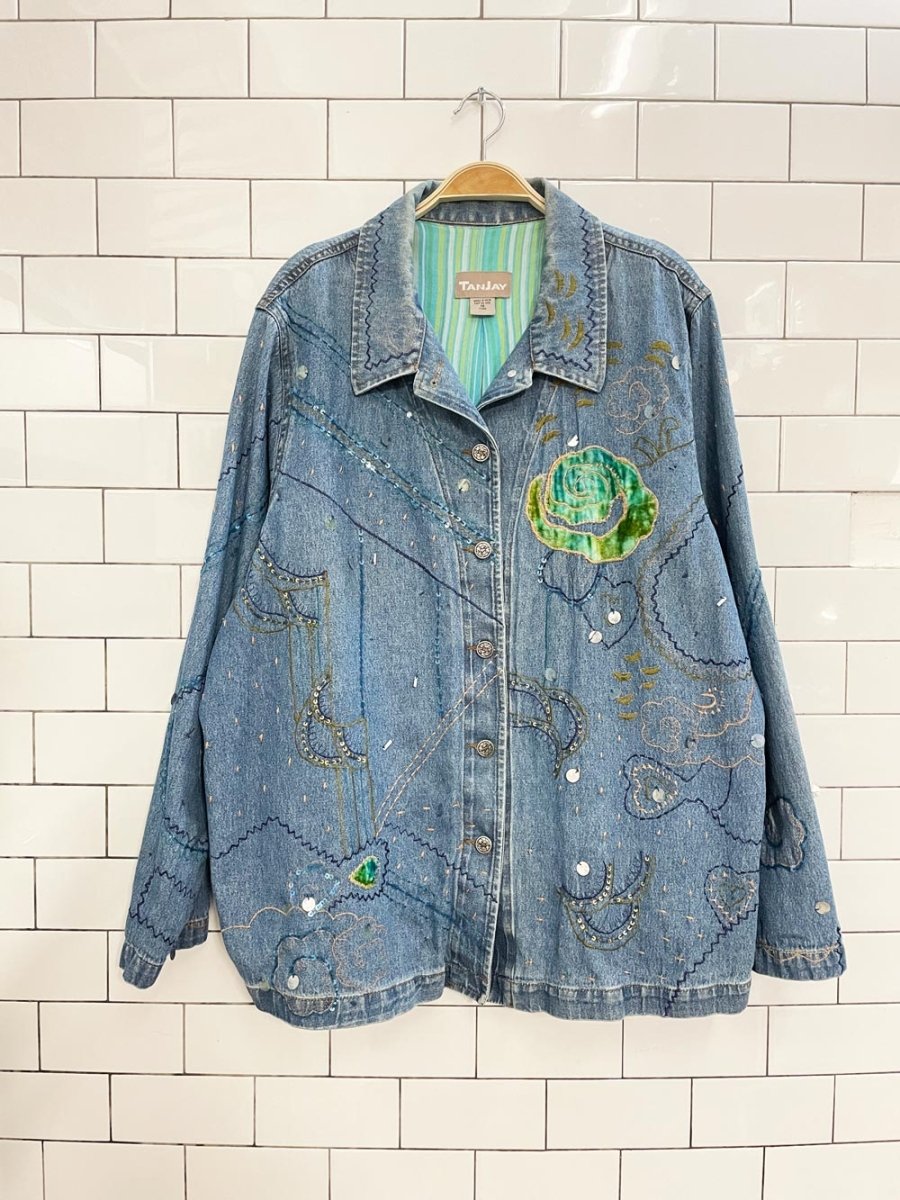 vintage 00s tanjay velvet rose embellished denim jacket - good market thrift store