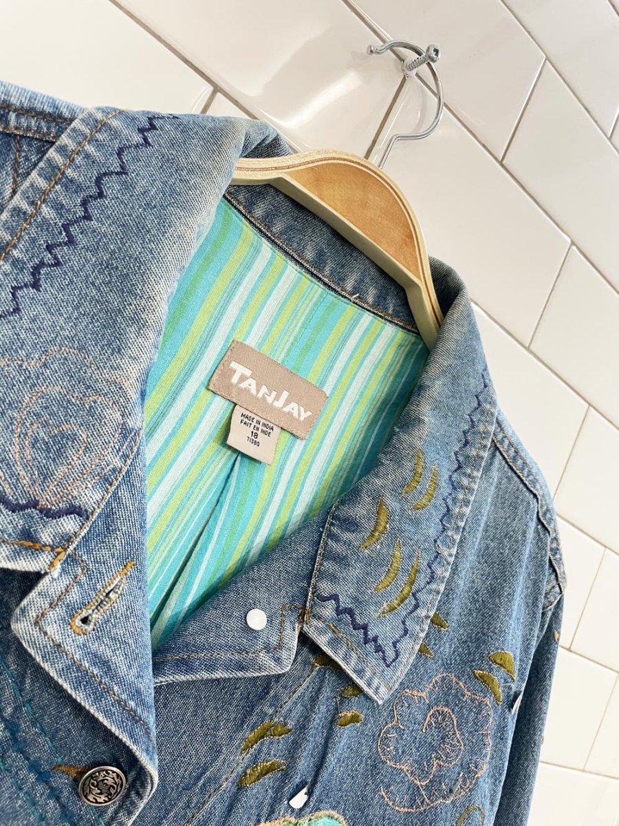 vintage 00s tanjay velvet rose embellished denim jacket - good market thrift store